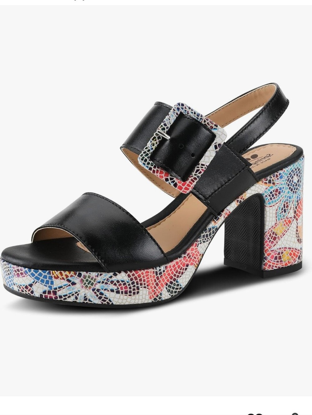 Spring Step Azucar Black Leather Floral Block Heel Sandal Buckle 8.5 US 39 EUR